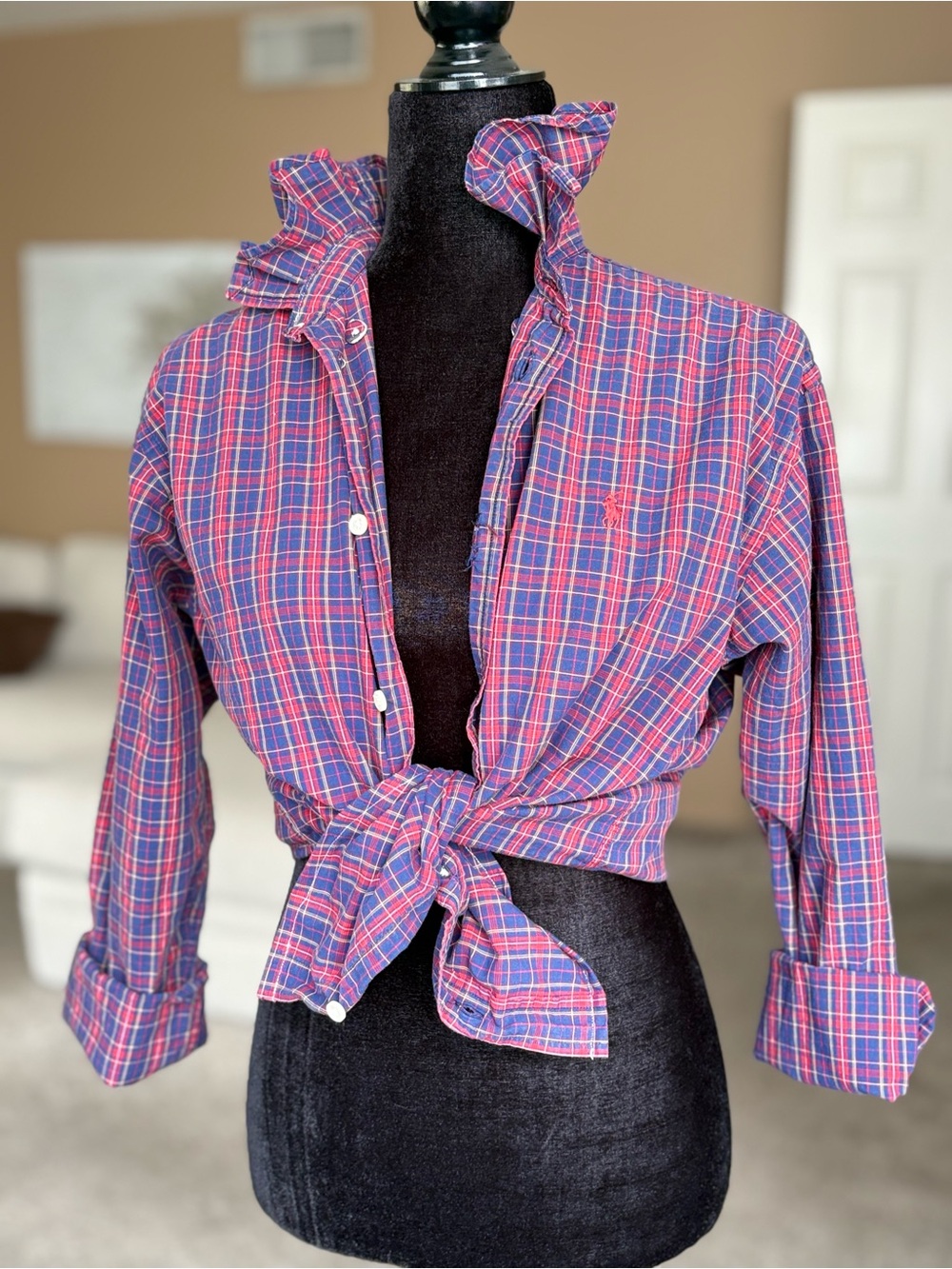 Reworked Ralph Lauren Blue Plaid Ruffle Collar Size Small